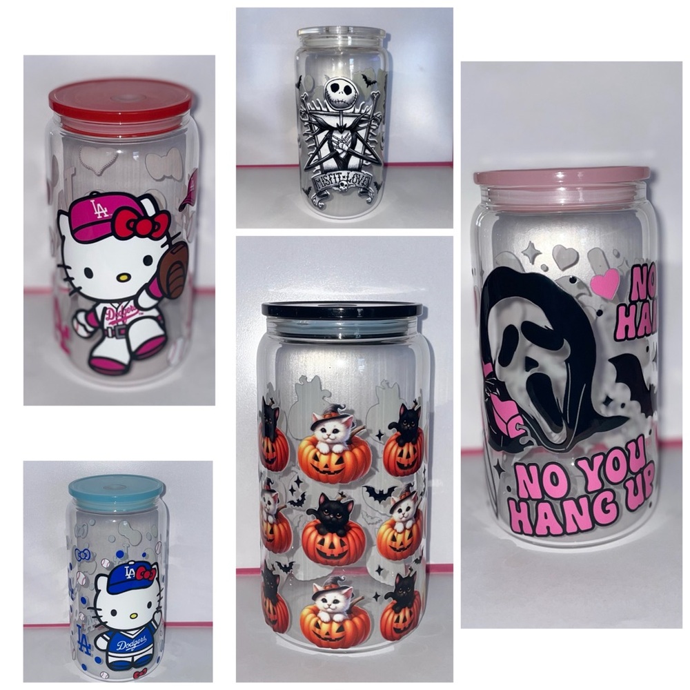 16oz glass cups with colored lids and reusable straw. Please lmk what design!